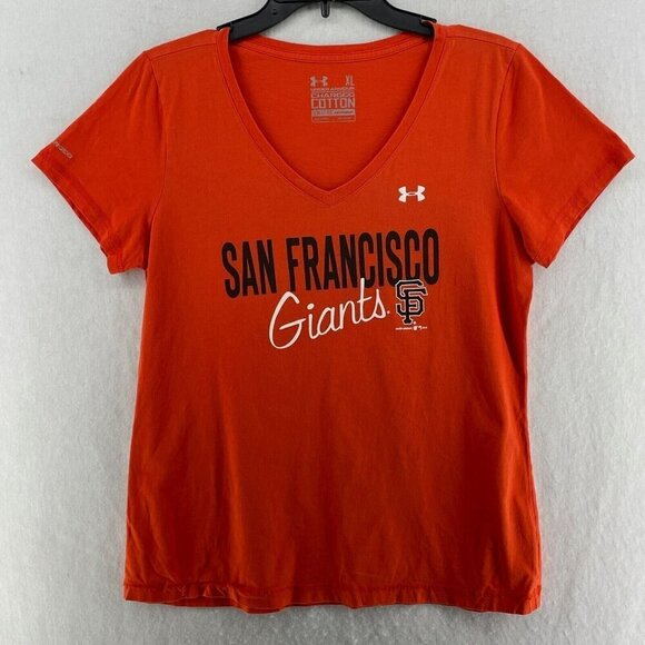 Under Armour T-Shirt Women Sz XL Orange San Francisco Giants V-Neck Semi-Fitted - Picture 1 of 10